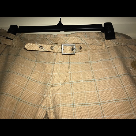 Tan and blue pinstriped capri wide leg pants. - Picture 3 of 5